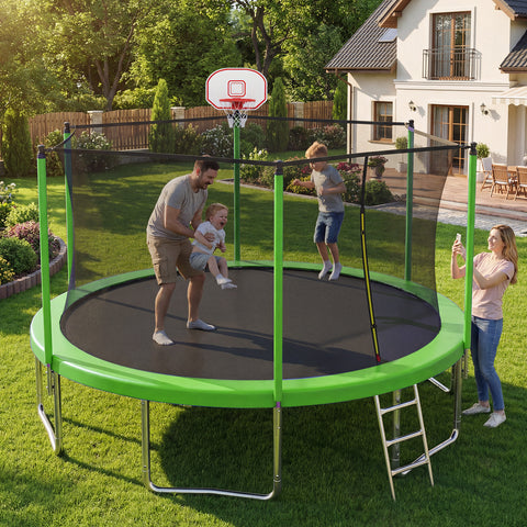 Skepphlay 8 FT Outdoor Trampoline w/ Basketball Hoop, 2 Steps Ladder and Safe Enclosure Net, Green Recreational Trampoline for Kids, Adults, Backyard
