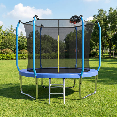 Skepphlay 8 FT Outdoor Trampoline w/ Basketball Hoop, 2 Steps Ladder and Safe Enclosure Net, Recreational Trampoline for Kids, Adults, Blue