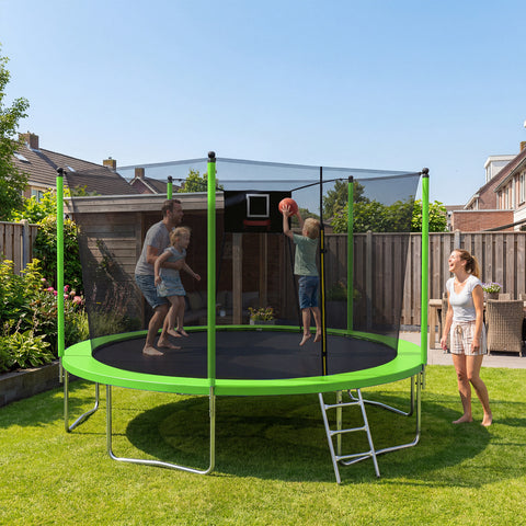 Skepphlay 14 FT Outdoor Trampoline with Safety Enclosure Net, Basketball Hoop, 5 W-Shaped Legs & Ladder, ASTM Certified for Kids Adults, Green
