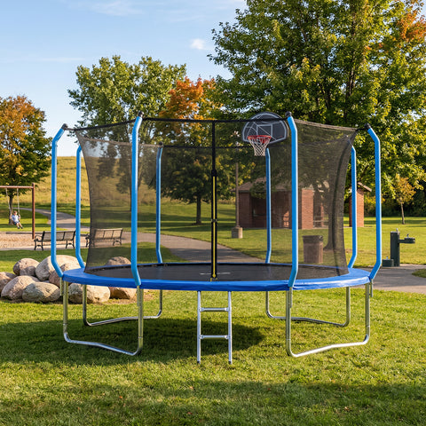 Skepphlay 14 FT Outdoor Trampoline w/ Basketball Hoop, 2 Steps Ladder and Safe Enclosure Net, Recreational Trampoline for Kids, Adults, Blue