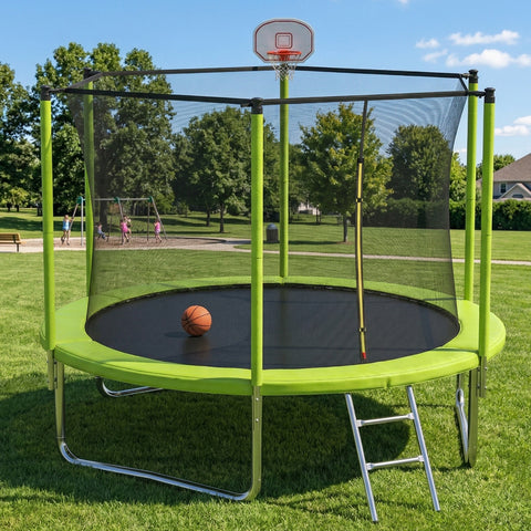 Skepphlay 8 FT Outdoor Trampoline w/ Basketball Hoop, 2 Steps Ladder and Safe Enclosure Net, Green Recreational Trampoline for Kids, Adults, Backyard