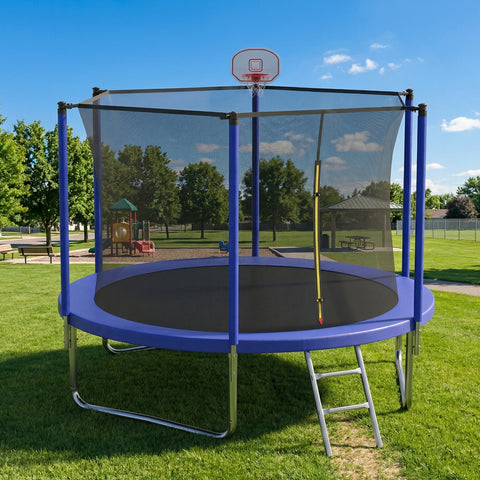 Skepphlay 8 FT Outdoor Trampoline w/ Basketball Hoop, 2 Steps Ladder and Safe Enclosure Net, Blue Recreational Trampoline for Kids, Adults, Backyard