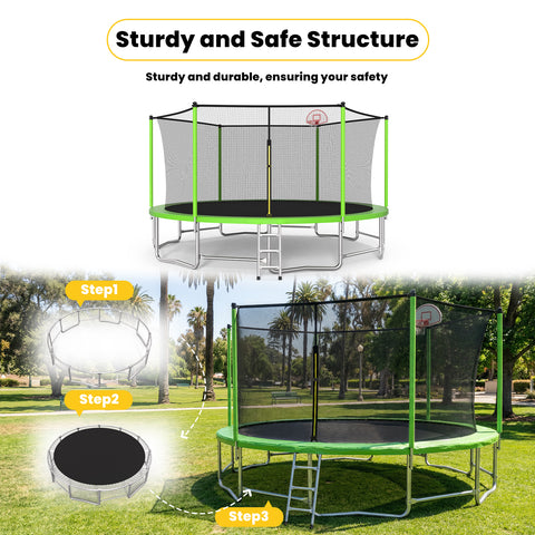Skepphlay 16 FT Outdoor Trampoline w/ Basketball Hoop, 3 Steps Ladder and Safe Enclosure Net, Green Recreational Trampoline for Kids, Adults, Backyard