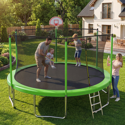 Skepphlay 14 FT Outdoor Trampoline w/ Basketball Hoop, 3 Steps Ladder and Safe Enclosure Net, Green Recreational Trampoline for Kids, Adults, Backyard