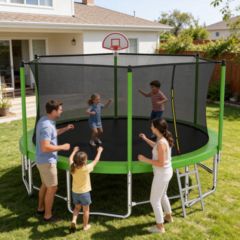 Skepphlay 15 FT Outdoor Trampoline w/ Basketball Hoop, 3 Steps Ladder and Safe Enclosure Net, Green Recreational Trampoline for Kids, Adults, Backyard