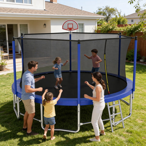 Skepphlay 16 FT Outdoor Trampoline w/ Basketball Hoop, 3 Steps Ladder and Safe Enclosure Net, Blue Recreational Trampoline for Kids, Adults, Backyard