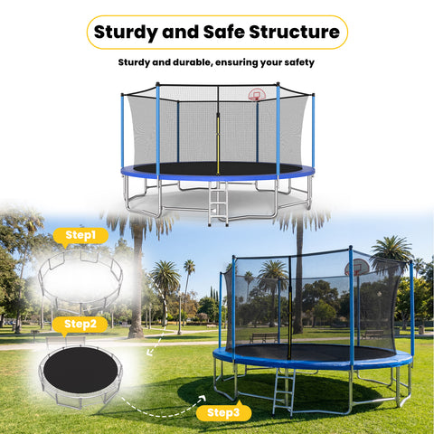Skepphlay 16 FT Outdoor Trampoline w/ Basketball Hoop, 3 Steps Ladder and Safe Enclosure Net, Blue Recreational Trampoline for Kids, Adults, Backyard