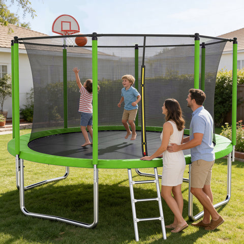 Skepphlay 12 FT Outdoor Trampoline w/ Basketball Hoop, 2 Steps Ladder and Safe Enclosure Net, Green Recreational Trampoline for Kids, Adults, Backyard