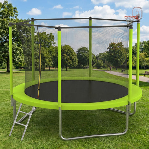 Skepphlay 10 FT Outdoor Trampoline w/ Basketball Hoop, 2 Steps Ladder and Safe Enclosure Net, Green Recreational Trampoline for Kids, Adults, Backyard