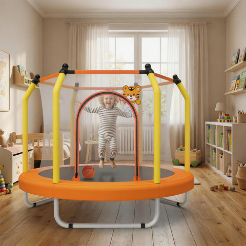 Skepphlay 55" Small Toddle Trampoline w/ Basketball Hoop, Safety Enclosure Design, Baby Round Jumping Mat, Best Gifts For Boys Girls, Orange