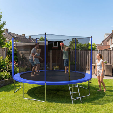 Skepphlay 14 FT Outdoor Trampoline with Safety Enclosure Net, Basketball Hoop, 5 W-Shaped Legs & Ladder, ASTM Certified for Kids Adults,Blue
