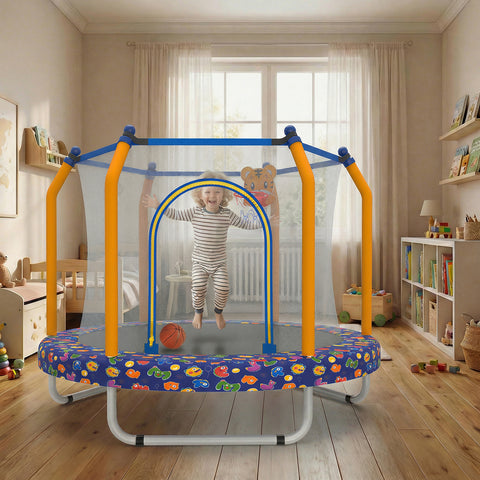Skepphlay 55" Small Toddle Trampoline w/ Basketball Hoop, Safety Enclosure Design, Baby Round Jumping Mat, Best Gifts For Boys Girls, Dark Blue