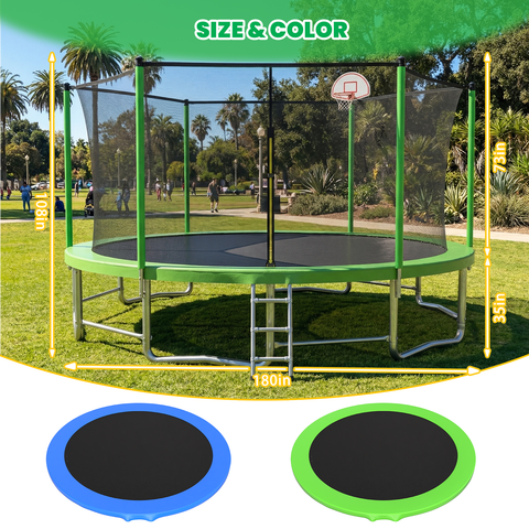 Skepphlay 15 FT Outdoor Trampoline w/ Basketball Hoop, 3 Steps Ladder and Safe Enclosure Net, Green Recreational Trampoline for Kids, Adults, Backyard