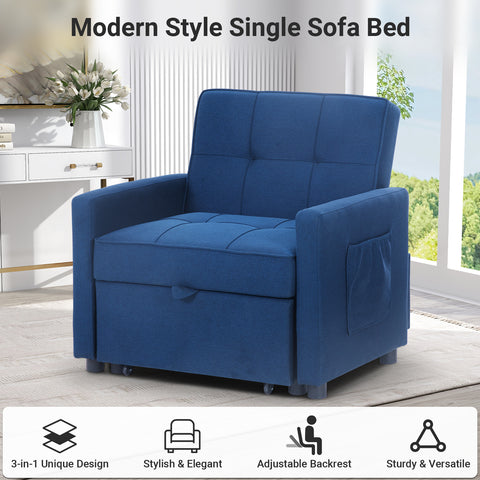 Blue Single Pull Out Couch Chair with Adjust Backrest, 3-in-1 Convertible Sleeper Sofa, Loveseat with Storage and Pillows, Modern Recliner for Living Room Apartment Office