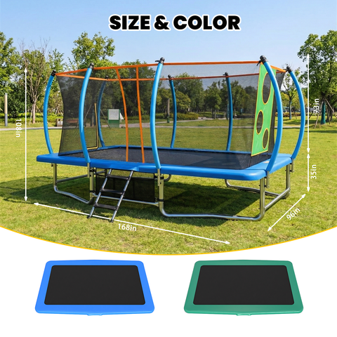 Skepphlay 8x14FT Square Outdoor Trampoline for Kids Adult, Bouncing Jumping Safety Enclosure Trampoline w/ Target Cloth,Football,Blue