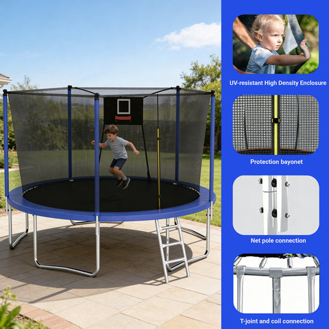 Skepphlay 14 FT Outdoor Trampoline with Safety Enclosure Net, Basketball Hoop, 5 W-Shaped Legs & Ladder, ASTM Certified for Kids Adults,Blue