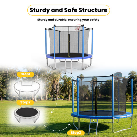 Skepphlay 8 FT Outdoor Trampoline w/ Basketball Hoop, 2 Steps Ladder and Safe Enclosure Net, Blue Recreational Trampoline for Kids, Adults, Backyard
