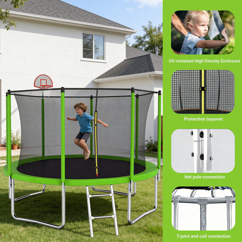 Skepphlay 12 FT Outdoor Trampoline w/ Basketball Hoop, 2 Steps Ladder and Safe Enclosure Net, Green Recreational Trampoline for Kids, Adults, Backyard