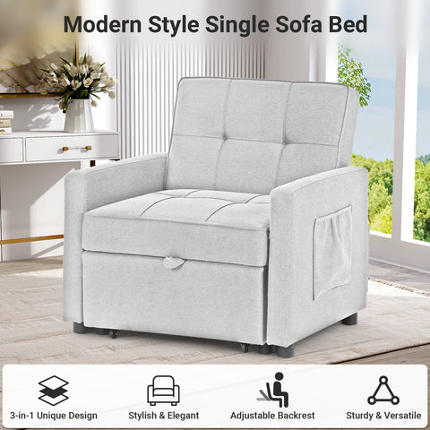 Grey Single Pull Out Couch Chair with Adjust Backrest, 3-in-1 Convertible Sleeper Sofa, Loveseat with Storage and Pillows, Modern Recliner for Living Room Apartment Office