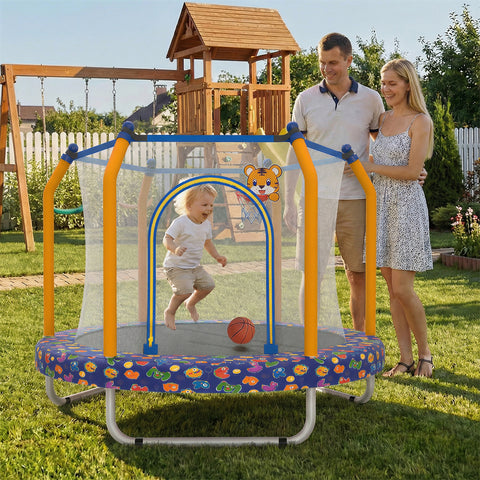 Skepphlay 55" Small Toddle Trampoline w/ Basketball Hoop, Safety Enclosure Design, Baby Round Jumping Mat, Best Gifts For Boys Girls, Dark Blue