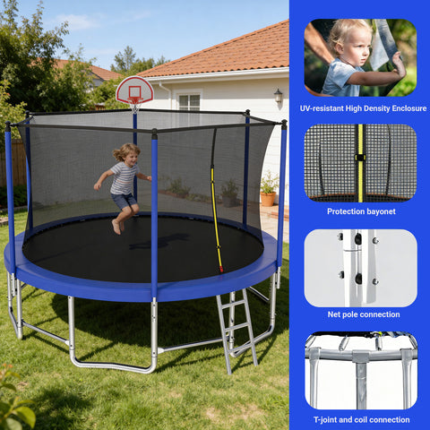 Skepphlay 16 FT Outdoor Trampoline w/ Basketball Hoop, 3 Steps Ladder and Safe Enclosure Net, Blue Recreational Trampoline for Kids, Adults, Backyard