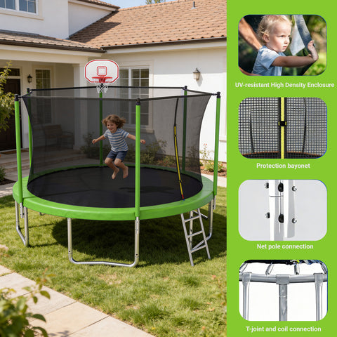 Skepphlay 8 FT Outdoor Trampoline w/ Basketball Hoop, 2 Steps Ladder and Safe Enclosure Net, Green Recreational Trampoline for Kids, Adults, Backyard