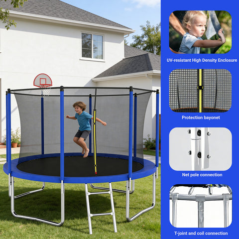 Skepphlay 12 FT Outdoor Trampoline w/ Basketball Hoop, 2 Steps Ladder and Safe Enclosure Net, Blue Recreational Trampoline for Kids, Adults, Backyard