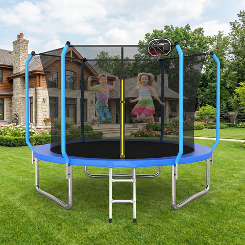 Skepphlay 10 FT Outdoor Trampoline w/ Basketball Hoop, 2 Steps Ladder and Safe Enclosure Net, Recreational Trampoline for Kids, Adults, Blue