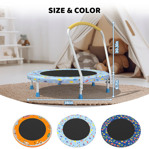 Skepphlay 36" Foldable Toddler Trampoline w/ Adjustable Handlebar for Kids 1-6 Ages, Safe & Sturdy Design, Baby Blue