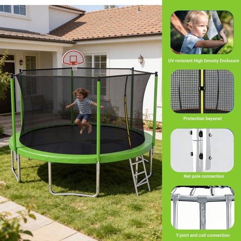 Skepphlay 14 FT Outdoor Trampoline w/ Basketball Hoop, 3 Steps Ladder and Safe Enclosure Net, Green Recreational Trampoline for Kids, Adults, Backyard