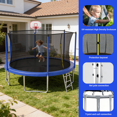 Skepphlay 10 FT Outdoor Trampoline w/ Basketball Hoop, 2 Steps Ladder and Safe Enclosure Net, Blue Recreational Trampoline for Kids, Adults, Backyard