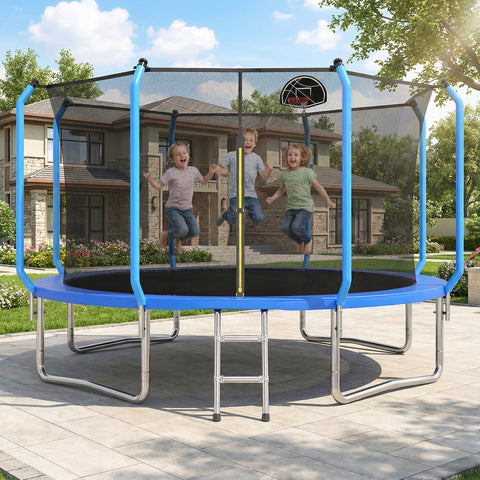 Skepphlay 12 FT Outdoor Trampoline w/ Basketball Hoop, 2 Steps Ladder and Safe Enclosure Net, Recreational Trampoline for Kids, Adults, Blue