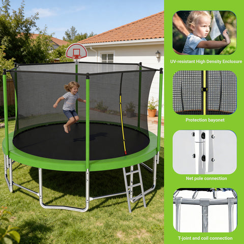 Skepphlay 15 FT Outdoor Trampoline w/ Basketball Hoop, 3 Steps Ladder and Safe Enclosure Net, Green Recreational Trampoline for Kids, Adults, Backyard