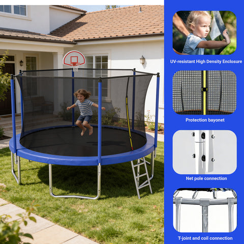 Skepphlay 14 FT Outdoor Trampoline w/ Basketball Hoop, 3 Steps Ladder and Safe Enclosure Net, Blue Recreational Trampoline for Kids, Adults, Backyard