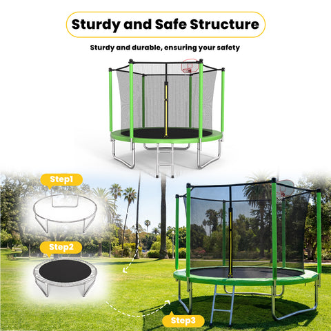 Skepphlay 8 FT Outdoor Trampoline w/ Basketball Hoop, 2 Steps Ladder and Safe Enclosure Net, Green Recreational Trampoline for Kids, Adults, Backyard