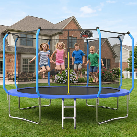 Skepphlay 14 FT Outdoor Trampoline w/ Basketball Hoop, 2 Steps Ladder and Safe Enclosure Net, Recreational Trampoline for Kids, Adults, Blue