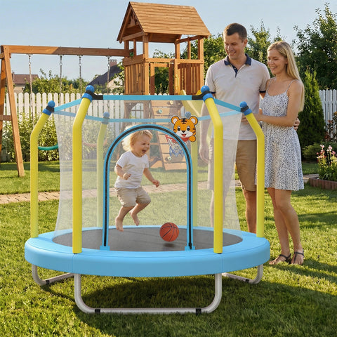 Skepphlay 55" Small Toddle Trampoline w/ Basketball Hoop, Safety Enclosure Design, Baby Round Jumping Mat, Best Gifts For Boys Girls, Orange