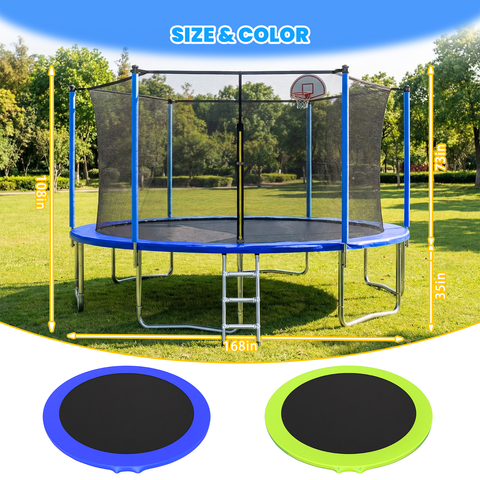 Skepphlay 14 FT Outdoor Trampoline w/ Basketball Hoop, 3 Steps Ladder and Safe Enclosure Net, Blue Recreational Trampoline for Kids, Adults, Backyard