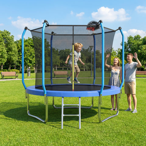 Skepphlay 8 FT Outdoor Trampoline w/ Basketball Hoop, 2 Steps Ladder and Safe Enclosure Net, Recreational Trampoline for Kids, Adults, Blue