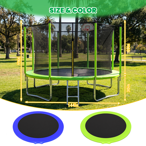 Skepphlay 12 FT Outdoor Trampoline w/ Basketball Hoop, 2 Steps Ladder and Safe Enclosure Net, Green Recreational Trampoline for Kids, Adults, Backyard