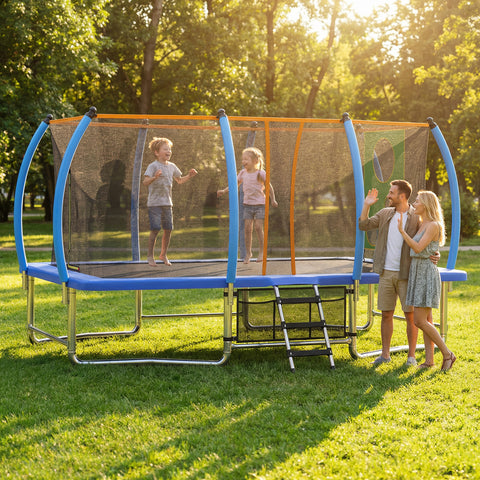 Skepphlay 8x14FT Square Outdoor Trampoline for Kids Adult, Bouncing Jumping Safety Enclosure Trampoline w/ Target Cloth,Football,Blue