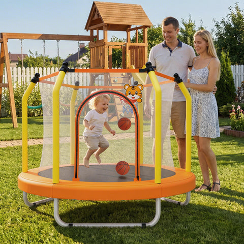 Skepphlay 55" Small Toddle Trampoline w/ Basketball Hoop, Safety Enclosure Design, Baby Round Jumping Mat, Best Gifts For Boys Girls, Orange