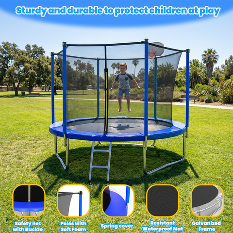 Skepphlay 10 FT Outdoor Trampoline w/ Basketball Hoop, 2 Steps Ladder and Safe Enclosure Net, Blue Recreational Trampoline for Kids, Adults, Backyard