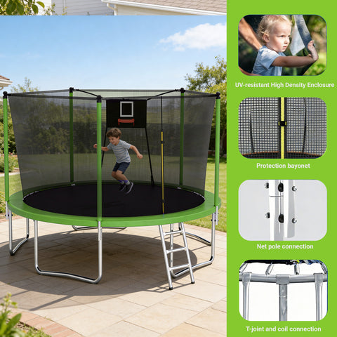 Skepphlay 14 FT Outdoor Trampoline with Safety Enclosure Net, Basketball Hoop, 5 W-Shaped Legs & Ladder, ASTM Certified for Kids Adults, Green