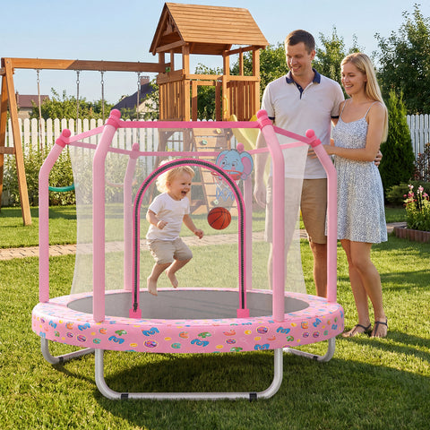 Skepphlay 55" Small Toddle Trampoline w/ Basketball Hoop, Safety Enclosure Design, Baby Round Jumping Mat, Best Gifts For Boys Girls, Pink