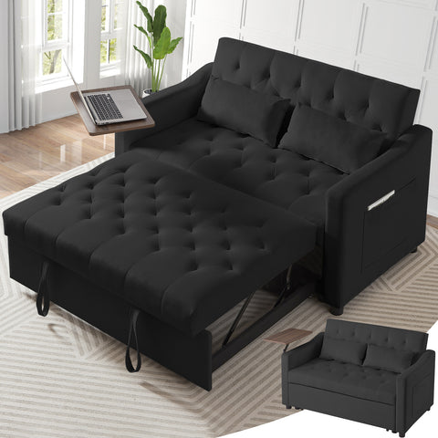 3 in 1 Convertible Sofa Bed with Side Table, Pull Out Couch with 3-Level Adjust Backrest, Sleeper Loveseat with Storage Pockets and 2 Pillows, Velvet Chaise Lounge for Living Room