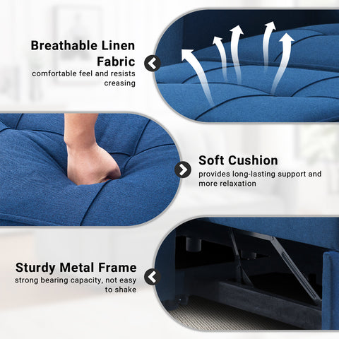 Blue Single Pull Out Couch Chair with Adjust Backrest, 3-in-1 Convertible Sleeper Sofa, Loveseat with Storage and Pillows, Modern Recliner for Living Room Apartment Office