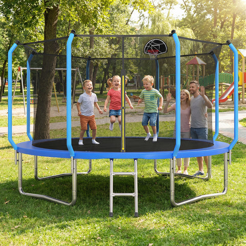 Skepphlay 12 FT Outdoor Trampoline w/ Basketball Hoop, 2 Steps Ladder and Safe Enclosure Net, Recreational Trampoline for Kids, Adults, Blue