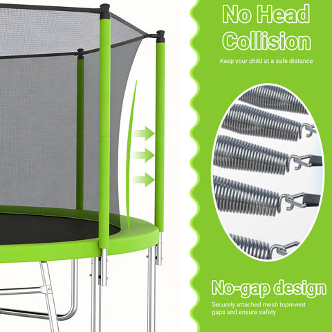 Skepphlay 12 FT Outdoor Trampoline w/ Basketball Hoop, 2 Steps Ladder and Safe Enclosure Net, Green Recreational Trampoline for Kids, Adults, Backyard