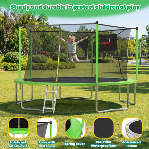 Skepphlay 14 FT Outdoor Trampoline with Safety Enclosure Net, Basketball Hoop, 5 W-Shaped Legs & Ladder, ASTM Certified for Kids Adults, Green